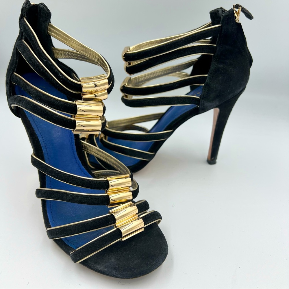 Coach Black Suede Strappy Metal Accent Heels US6.5
